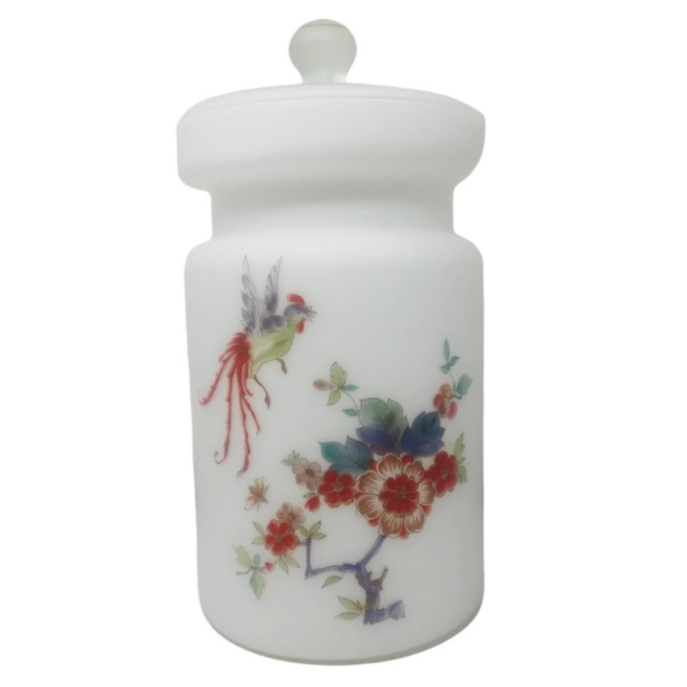 Rare Vintage Oriental Lidded Canister - Thin White Glass - Bird - Tree - Flowers